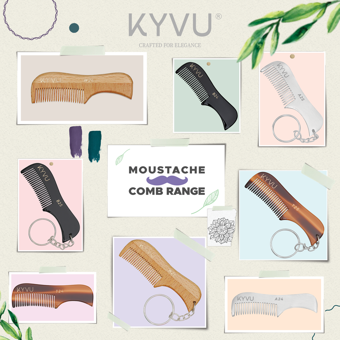 KYVU handmade moustache and beard combs — full range of 8 models in cellulose acetate tortoiseshell, black, beechwood and aluminium