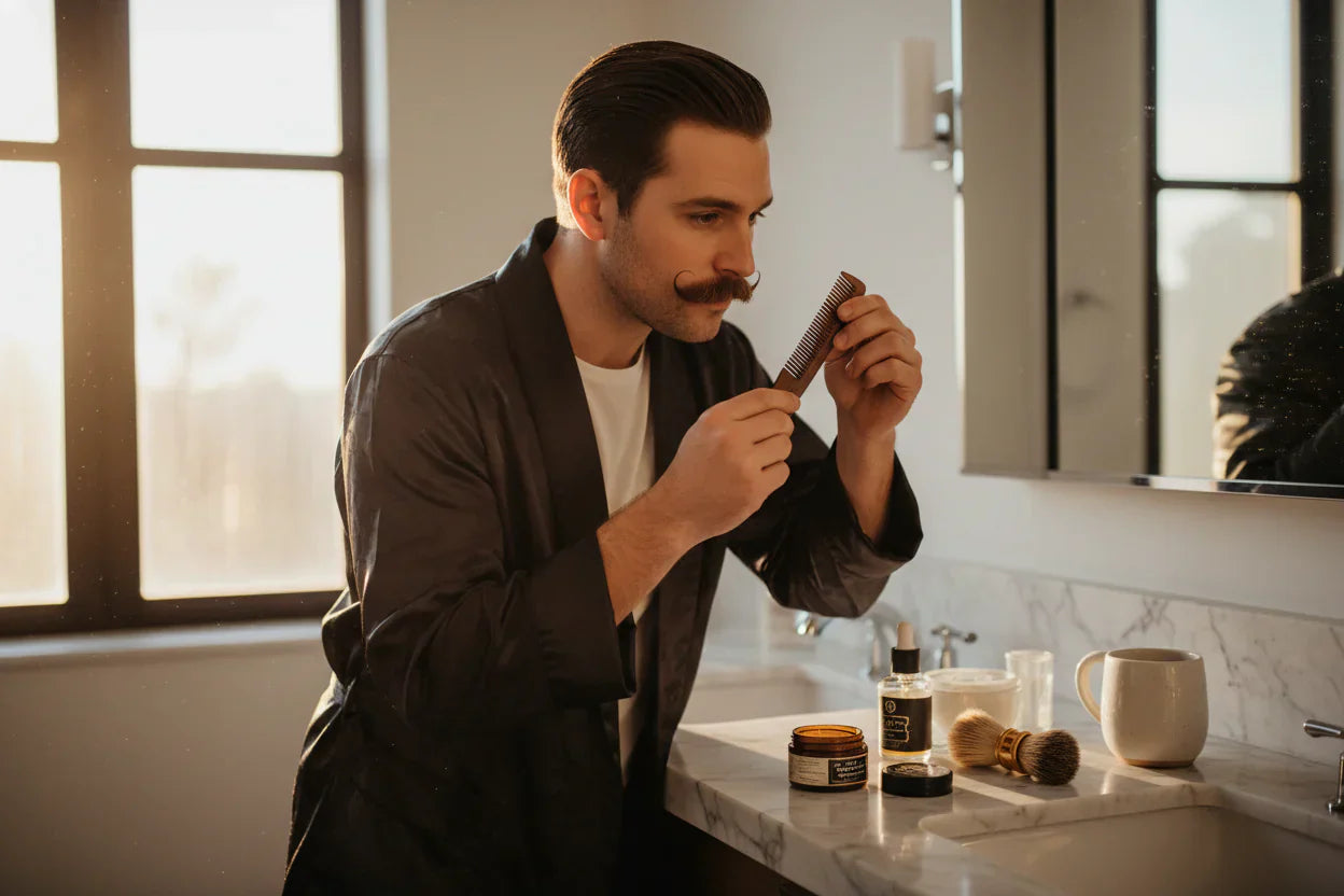 Man grooming and styling his moustache with a fine tooth comb — moustache comb grooming routine