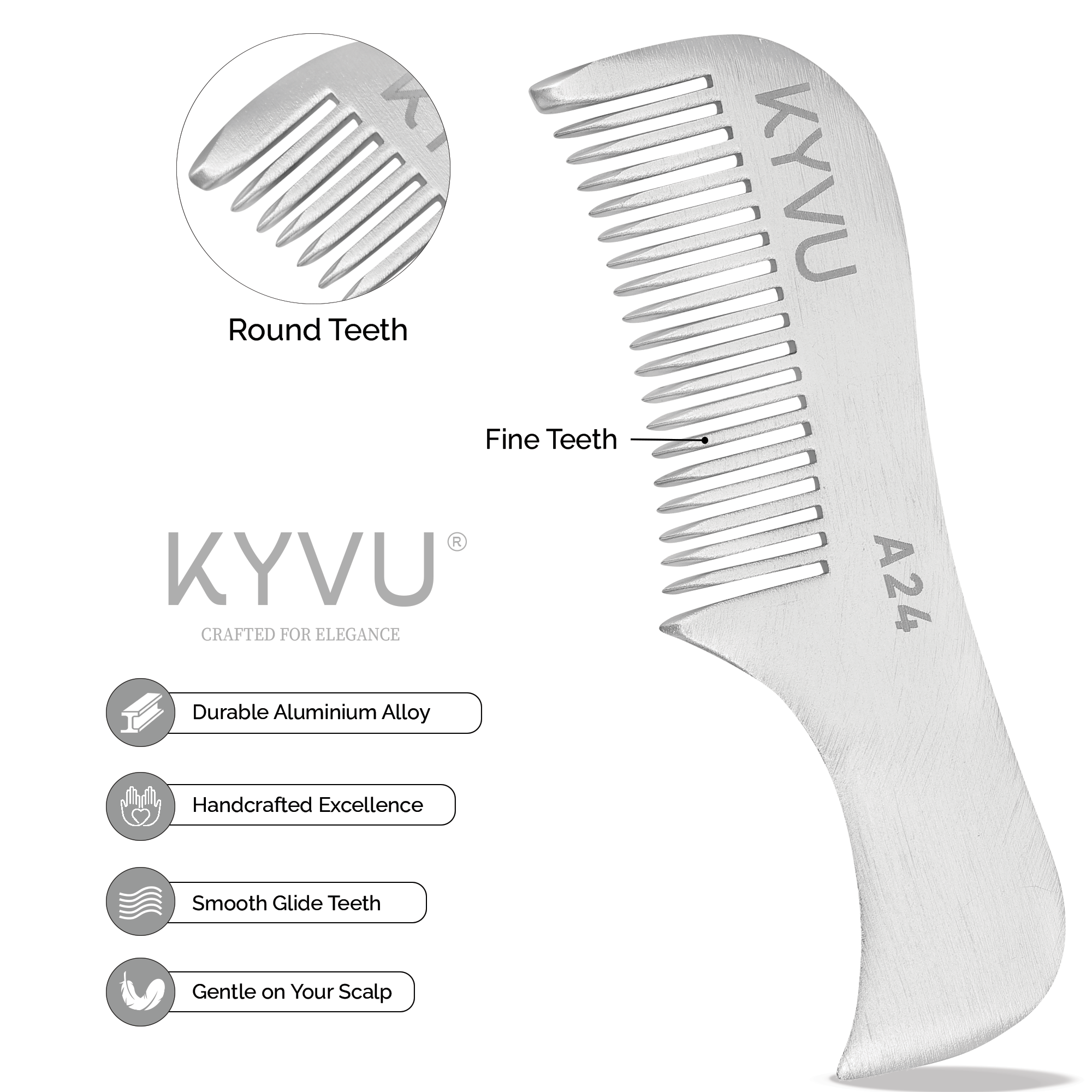 KYVU A24 aluminium moustache comb with fine teeth zoom, durable 6163 alloy handcrafted smooth glide gentle grooming