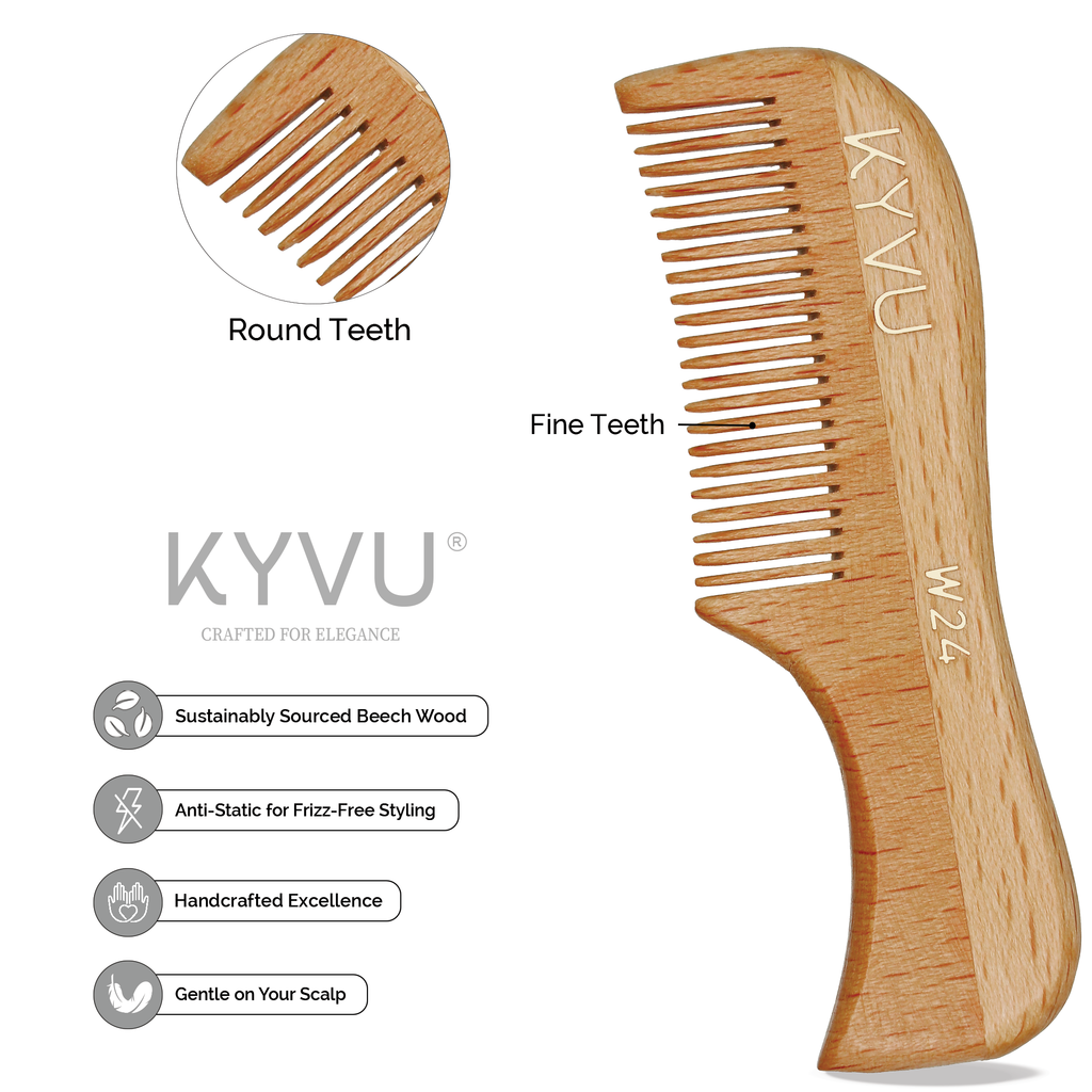 KYVU W24 beechwood moustache comb with round teeth zoom, sustainably sourced anti-static handcrafted design