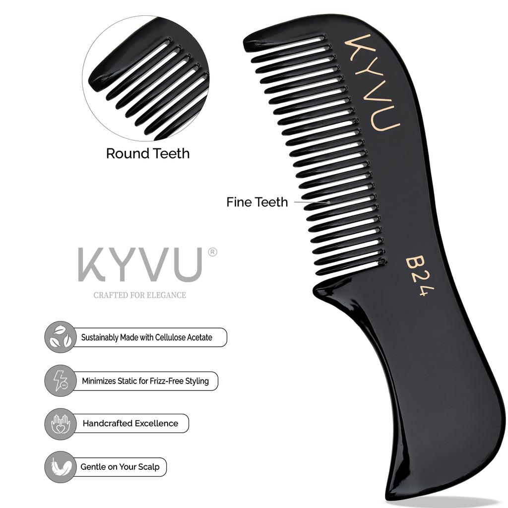 KYVU B24 black cellulose acetate moustache comb fine teeth zoom, sustainably made handcrafted smooth glide