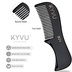 KYVU B24 black cellulose acetate moustache comb fine teeth zoom, sustainably made handcrafted smooth glide