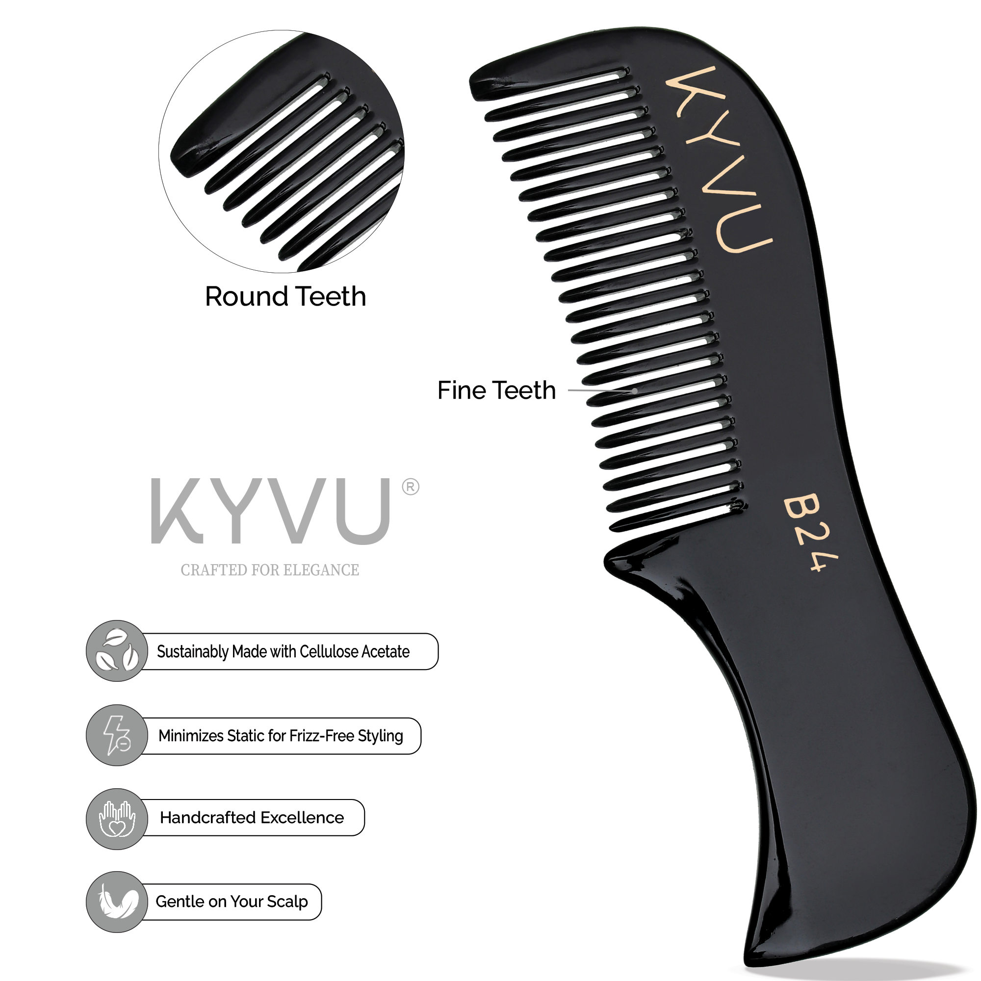 KYVU B24 black cellulose acetate moustache comb fine teeth zoom, sustainably made handcrafted smooth glide