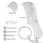KYVU A25 aluminium moustache comb with keyring and fine teeth zoom, durable 6163 alloy handcrafted smooth glide gentle grooming