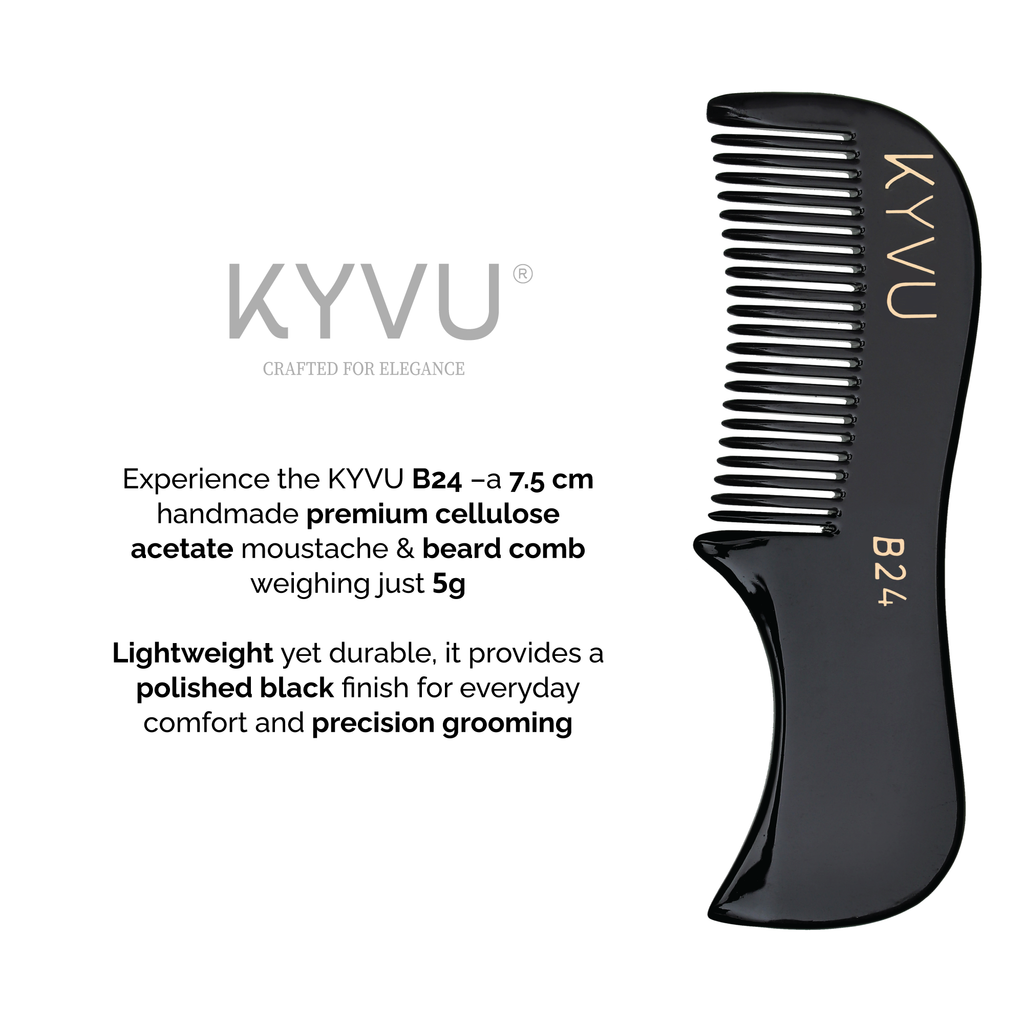 KYVU B24 black moustache comb vertical 7.5cm 5g weight, cellulose acetate anti-static fine teeth