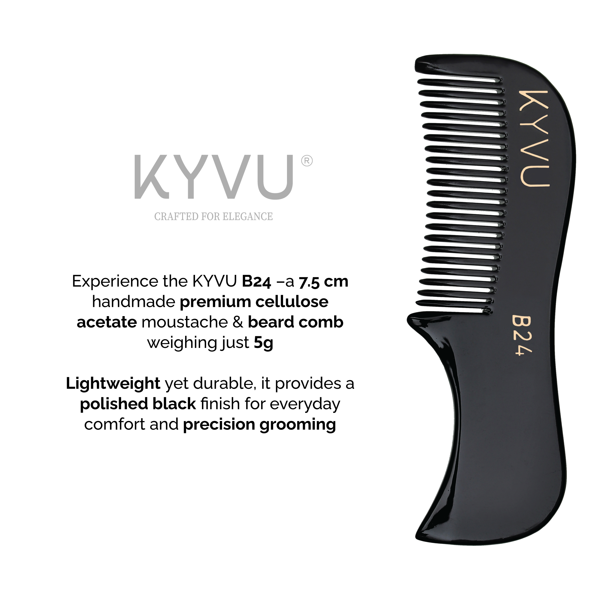KYVU B24 black moustache comb vertical 7.5cm 5g weight, cellulose acetate anti-static fine teeth