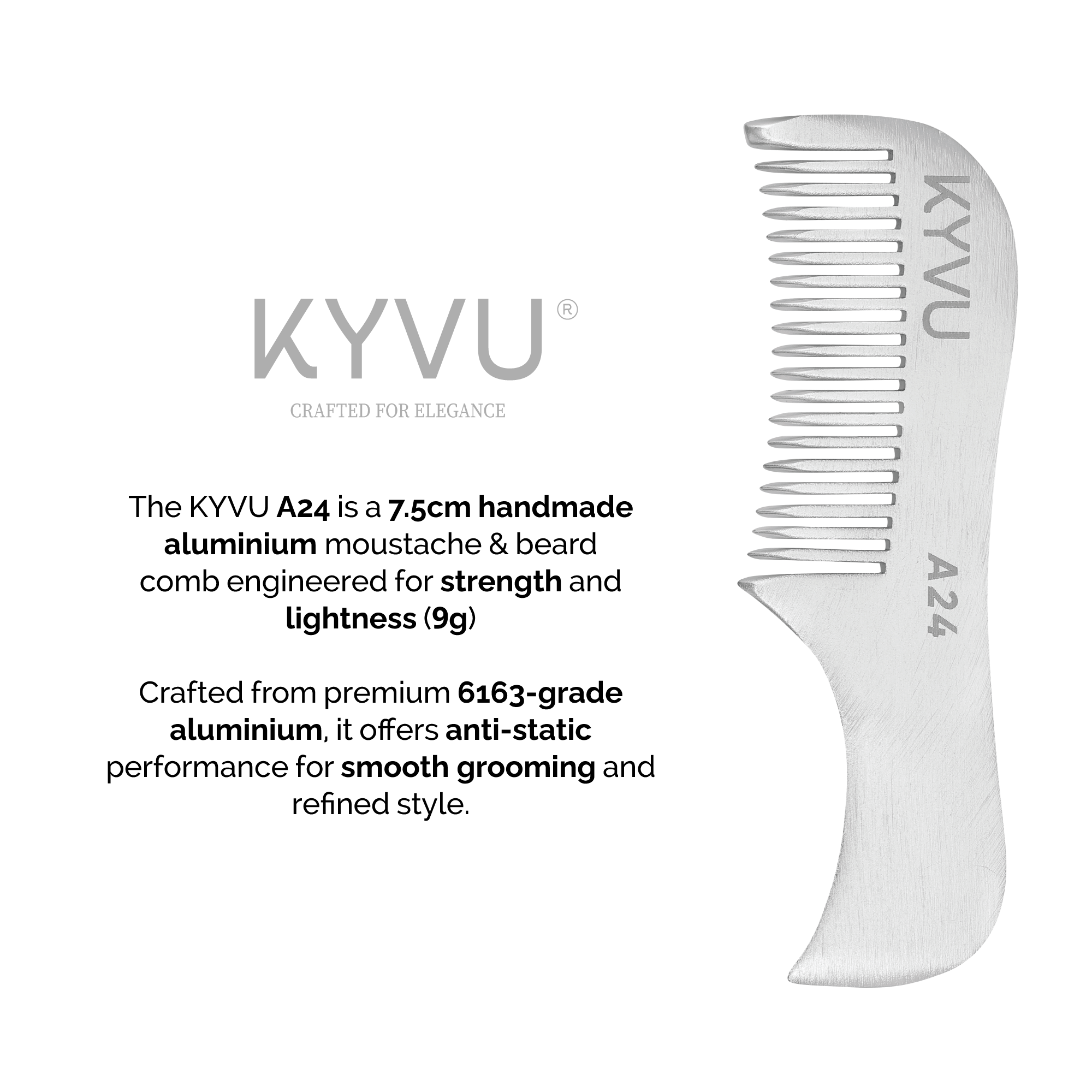 KYVU A24 aluminium moustache comb vertical 7.5cm 9g weight, 6163 grade engineered strength anti-static