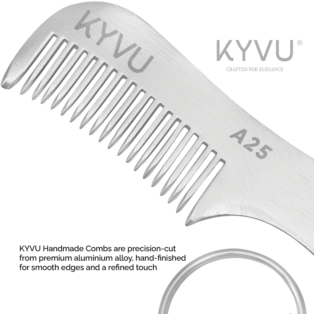 KYVU A25 aluminium moustache comb teeth closeup with keyring, precision cut 6163 alloy hand finished smooth edges