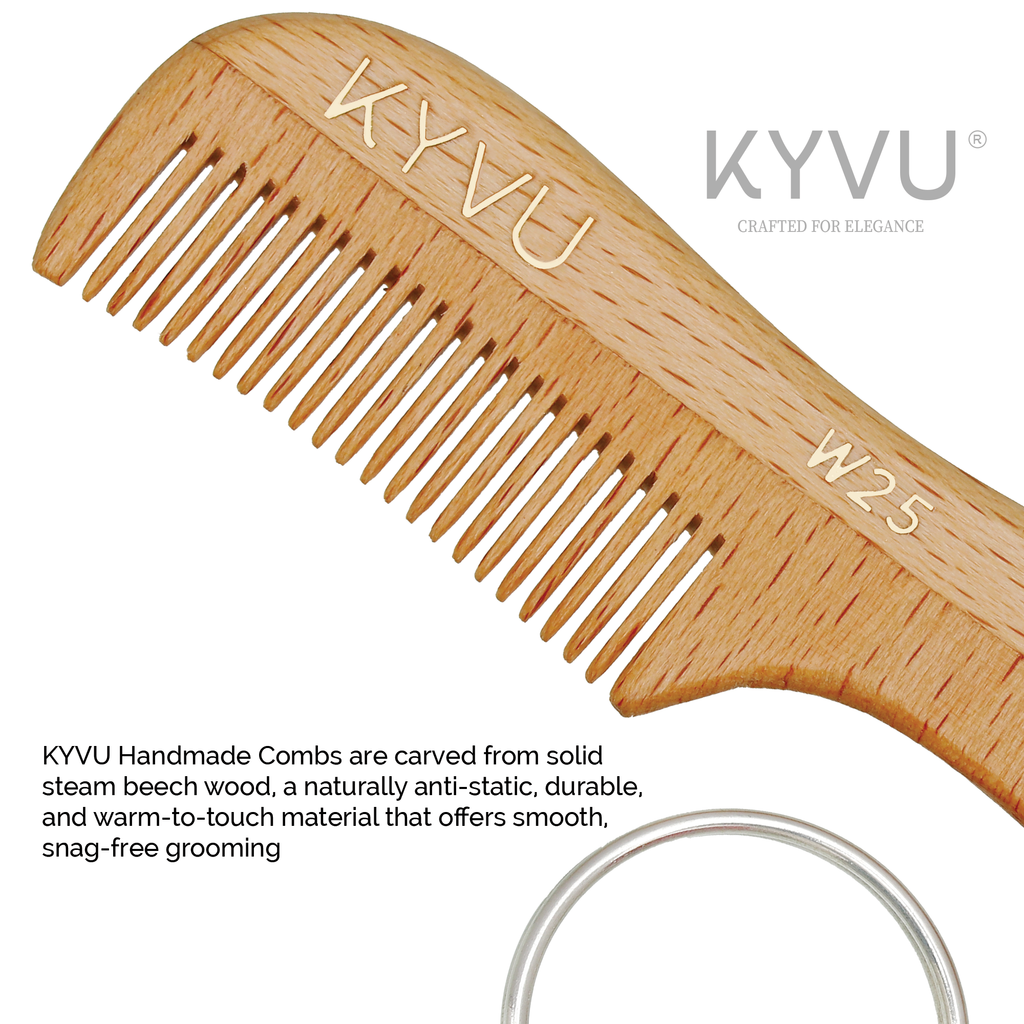 KYVU W25 beechwood moustache comb teeth closeup, handmade carved from steam beechwood anti-static snag-free grooming with keyring