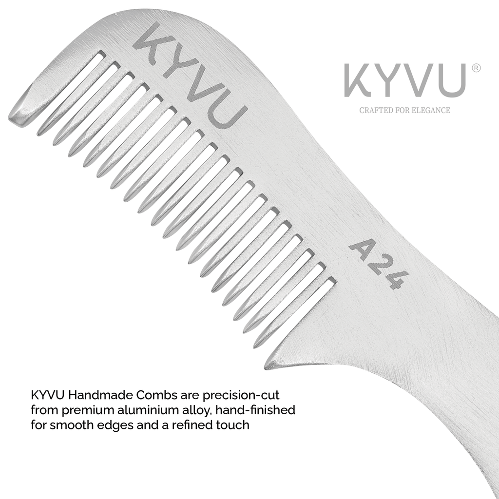 KYVU A24 aluminium moustache comb teeth closeup, precision cut 6163 alloy hand finished smooth edges