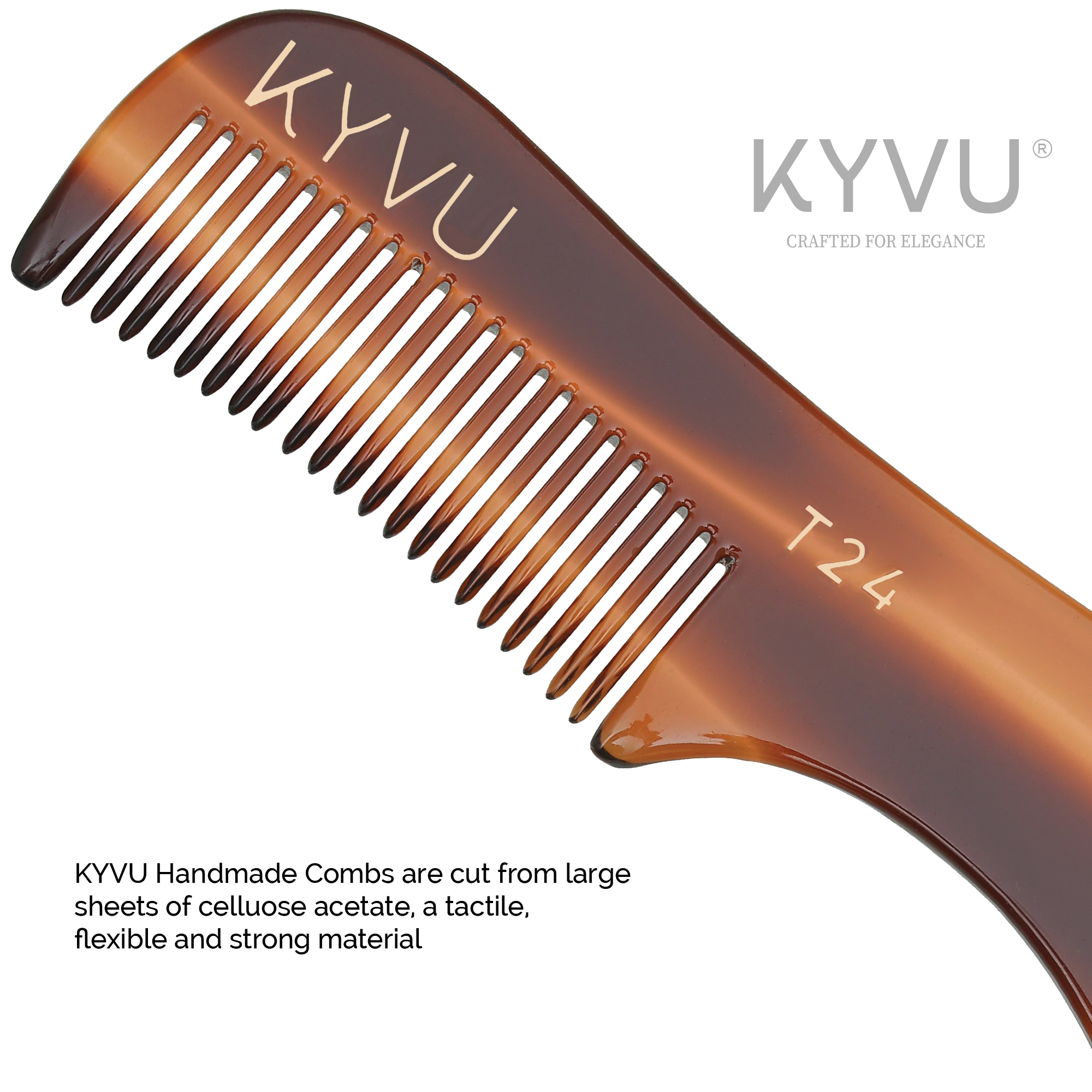 KYVU T24 tortoiseshell moustache comb teeth closeup, made from cellulose acetate sheets flexible strong material