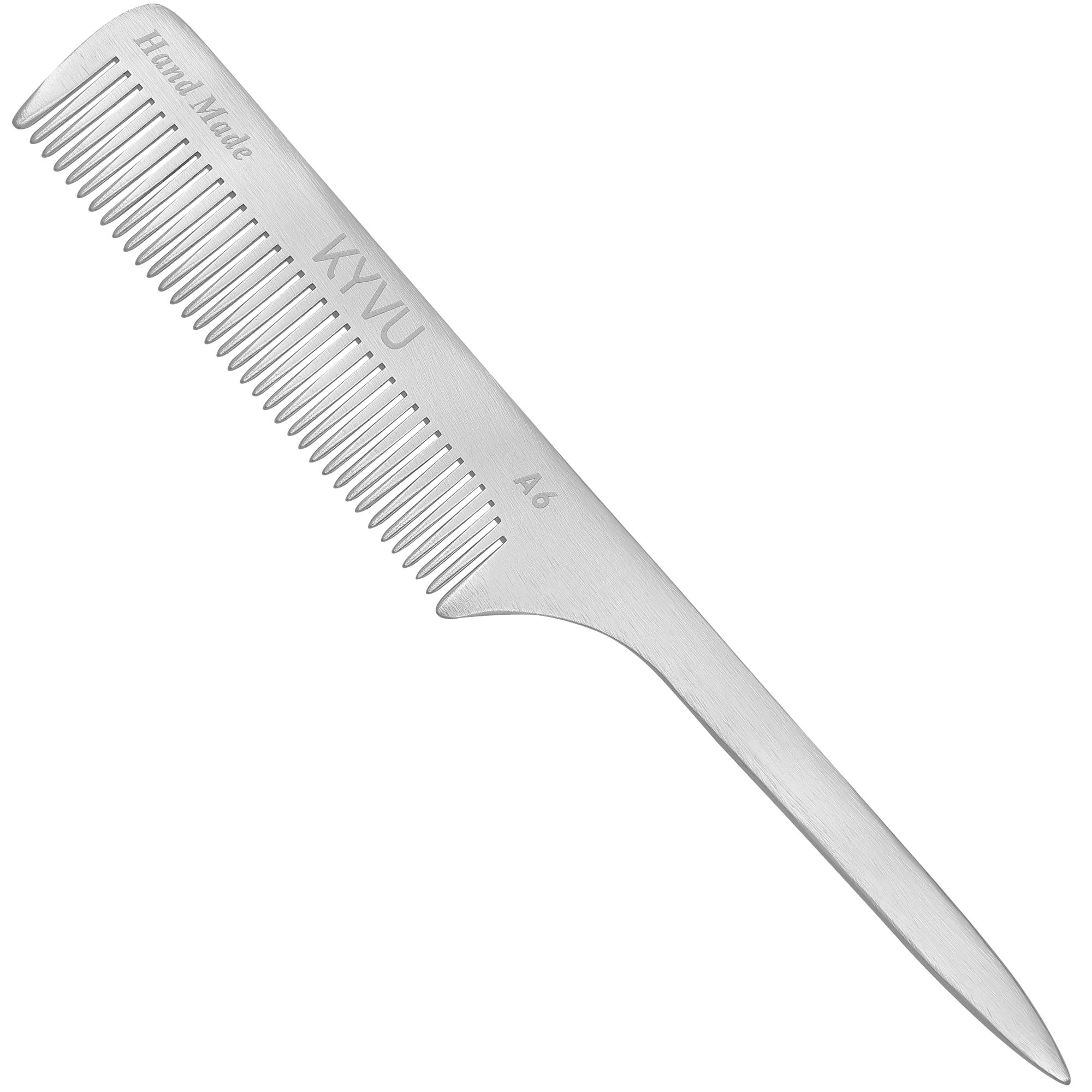 KYVU A6 extra-large aluminium fine-tooth styling comb with handle, brushed silver, 6163-grade alloy.