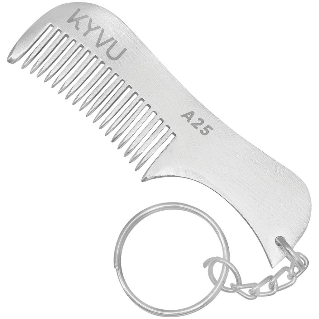 KYVU A25 handmade aluminium moustache comb with keyring 7.5cm fine teeth