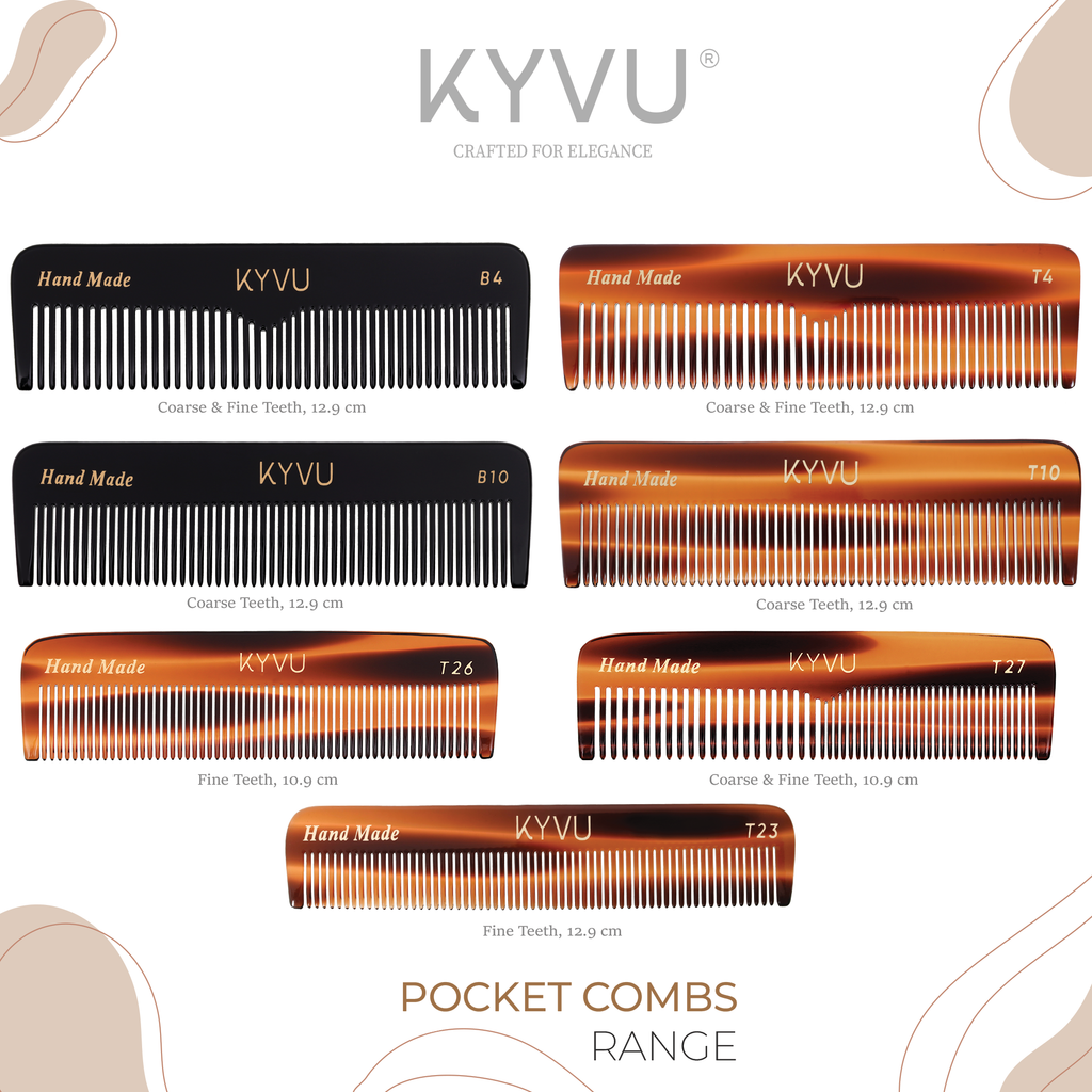 KYVU pocket combs range collage: T26/T23 fine teeth tortoiseshell, T10/B10 coarse teeth black, T4/T27/B4 dual coarse & fine teeth