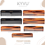 KYVU pocket combs range collage: T26/T23 fine teeth tortoiseshell, T10/B10 coarse teeth black, T4/T27/B4 dual coarse & fine teeth