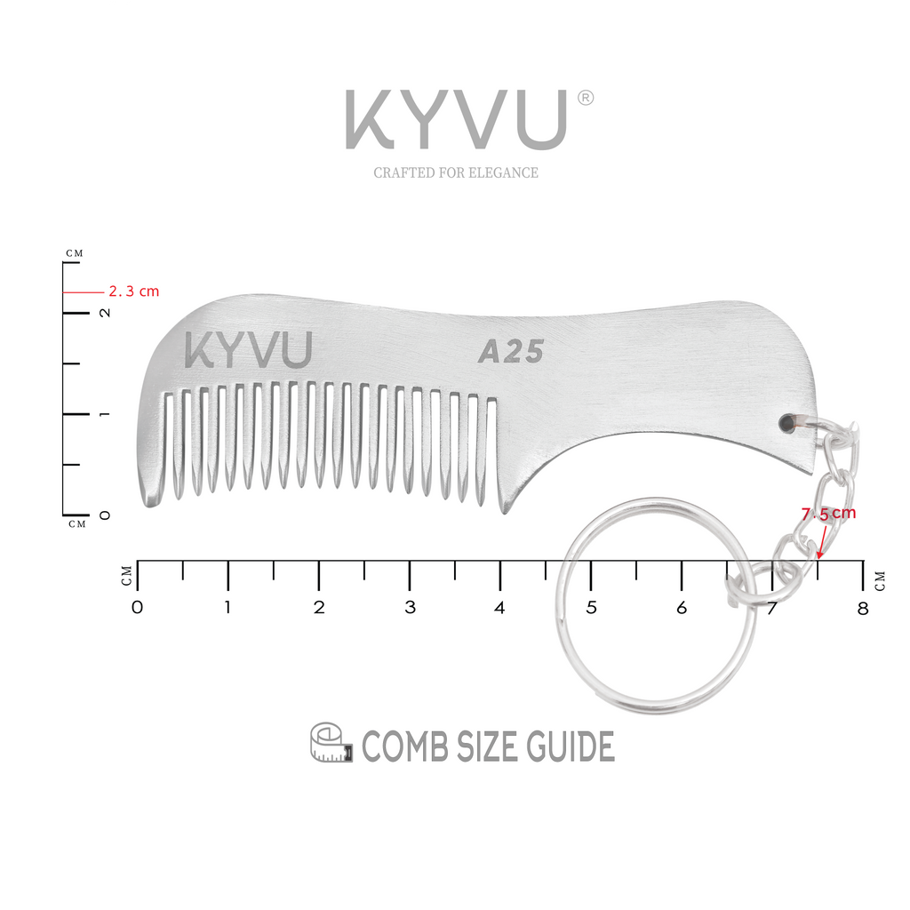 KYVU A25 aluminium moustache comb size guide 7.5cm length 2.3cm width with keyring