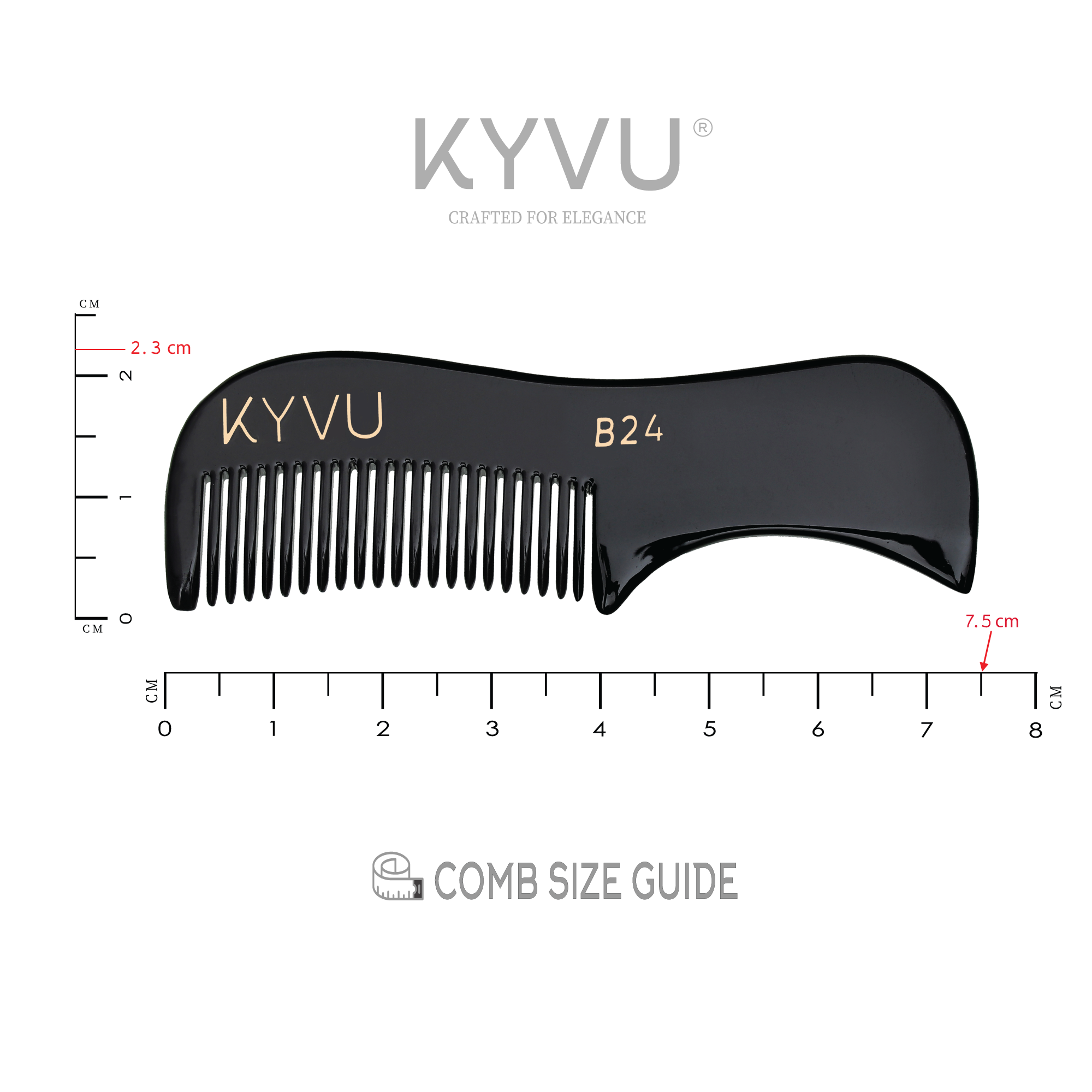 KYVU B24 black moustache comb size guide 7.5cm length 2.3cm width