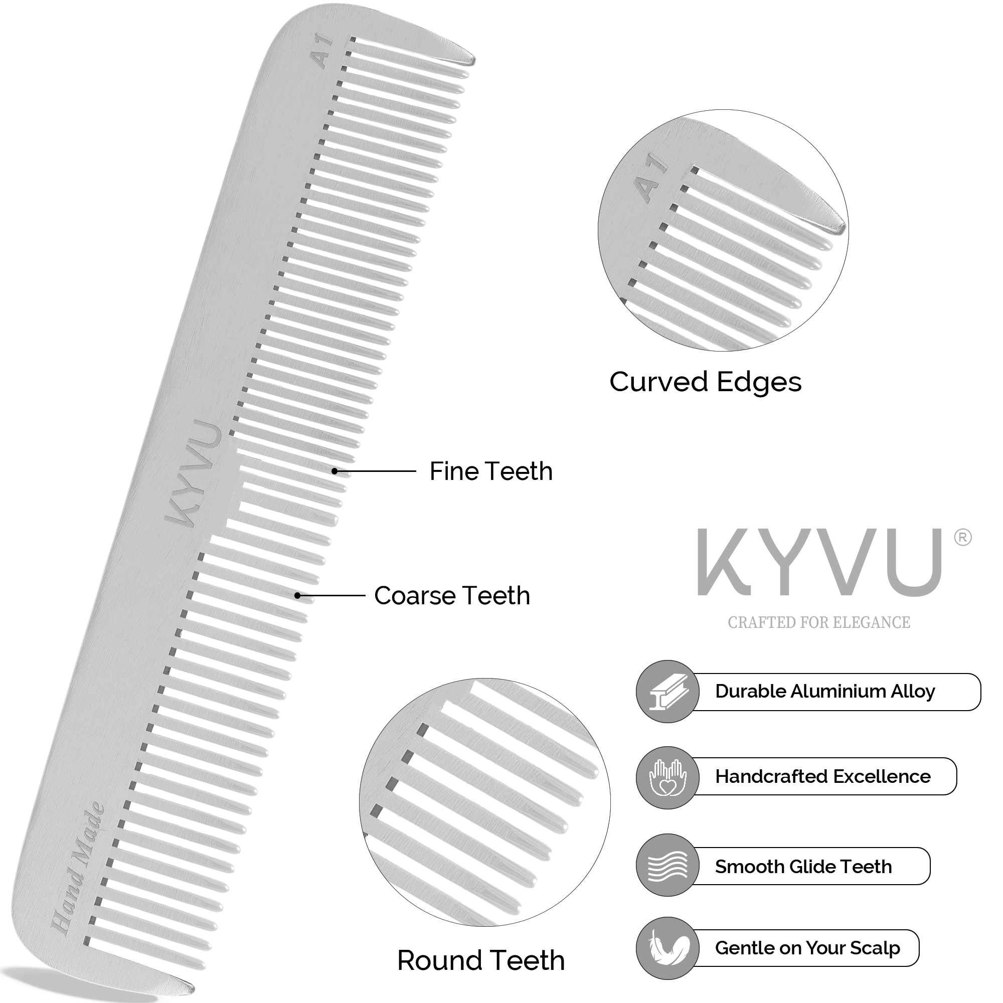 A1 aluminium comb teeth detail — coarse wider-spaced teeth on one half, fine closely-spaced teeth on the other