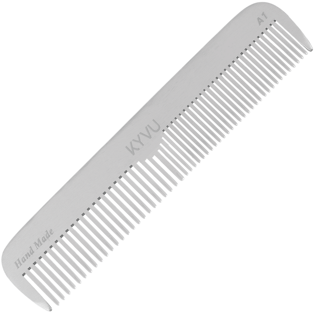 KYVU A1 handmade metal dual-tooth hair comb in anodized aluminium, fine and coarse teeth, for men and women