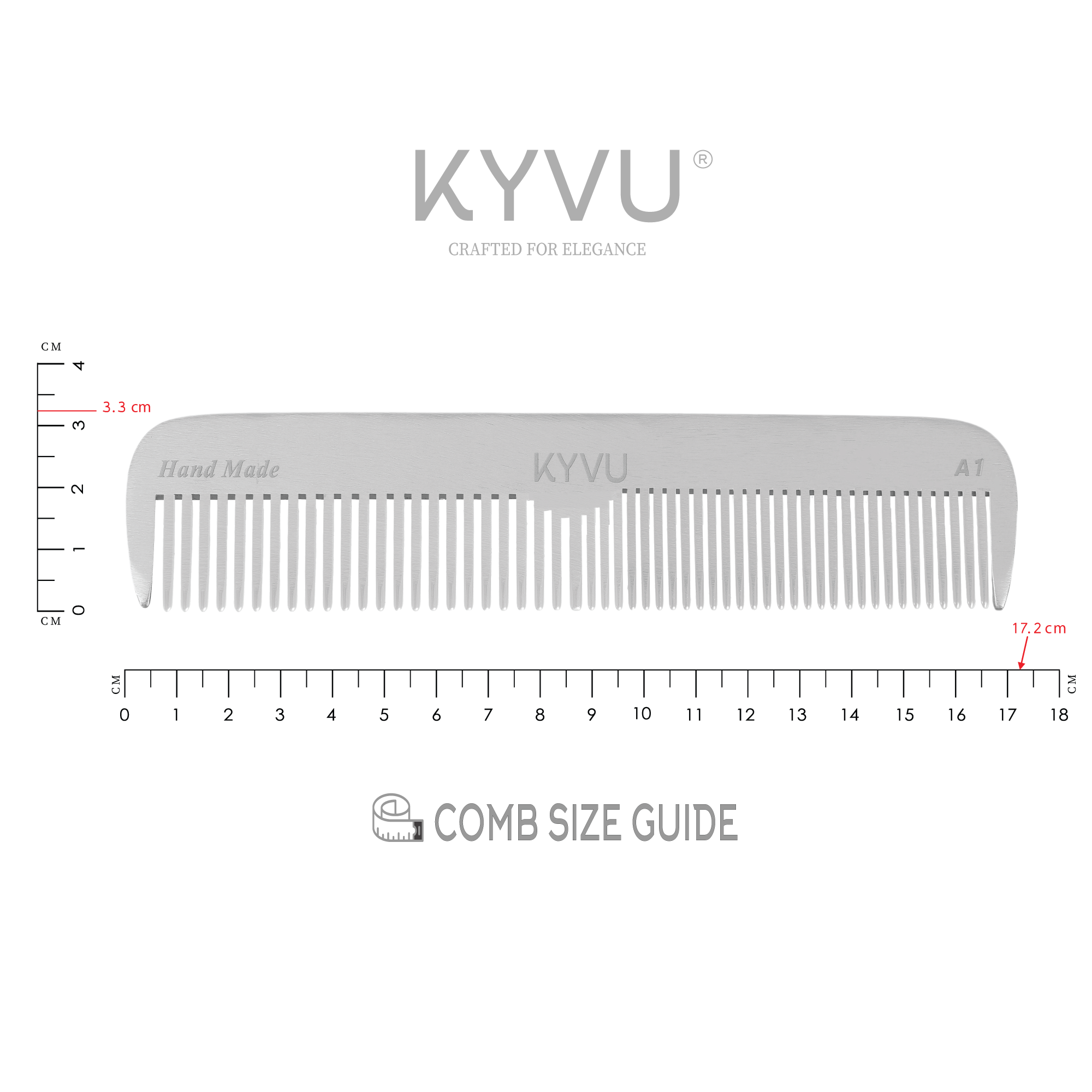 KYVU A1 metal dual-tooth comb size guide — 17.2 cm length