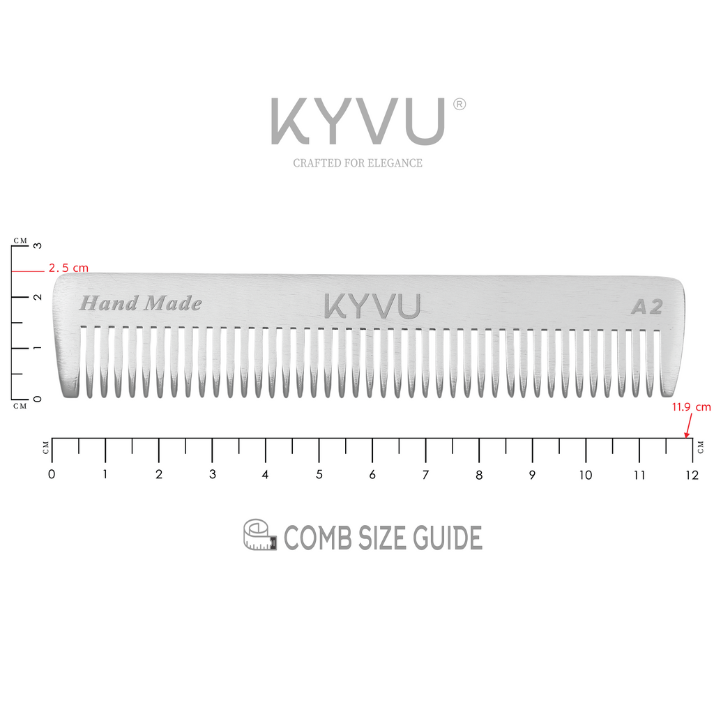 KYVU A2 aluminium pocket comb size guide — 11.9 cm length, 2.5 cm width, 0.3 cm thickness, 17 grams