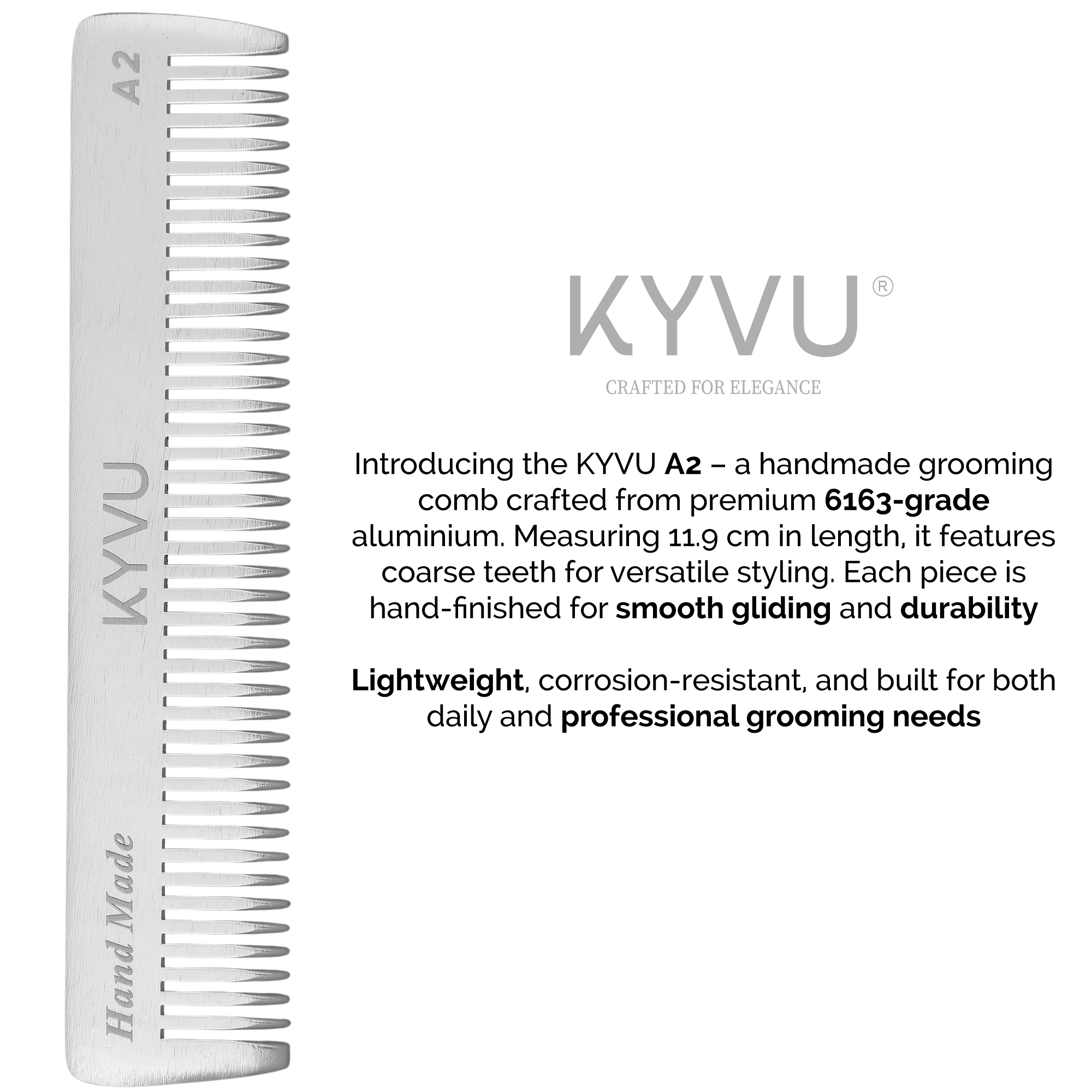 KYVU A2 handmade grooming comb crafted from 6163-grade aluminium — 11.9 cm, coarse teeth, hand-finished, lightweight and corrosion-resistant for daily and professional use