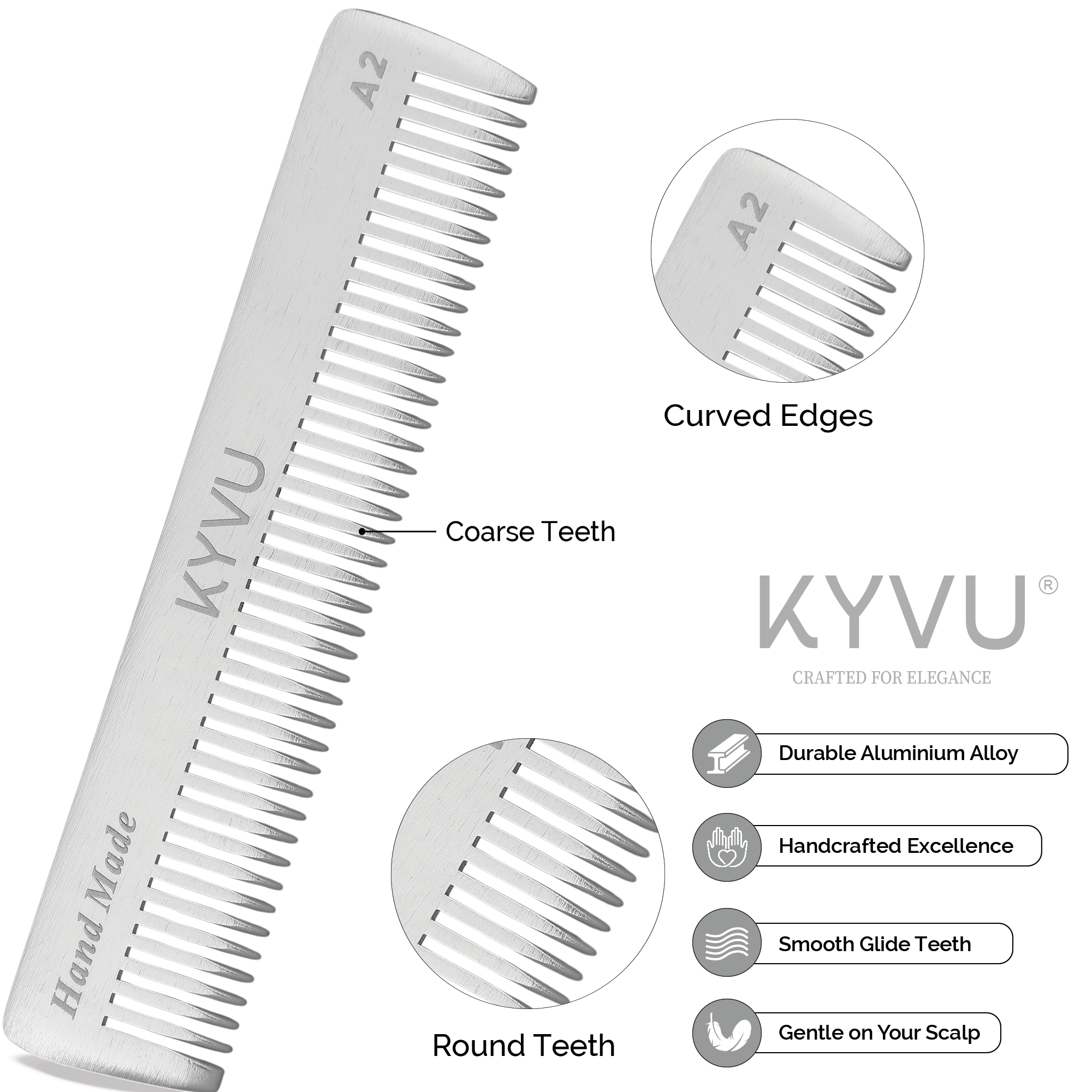 KYVU A2 metal pocket comb coarse teeth closeup — durable aluminium alloy, handcrafted excellence, smooth glide teeth, gentle on scalp