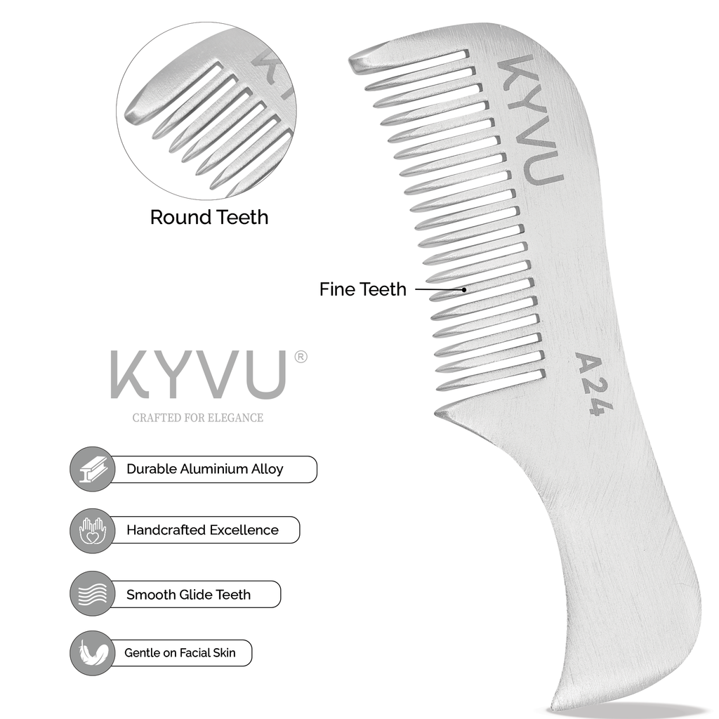 A24 aluminium beard comb showing closely-spaced fine teeth with hand-rounded tips
