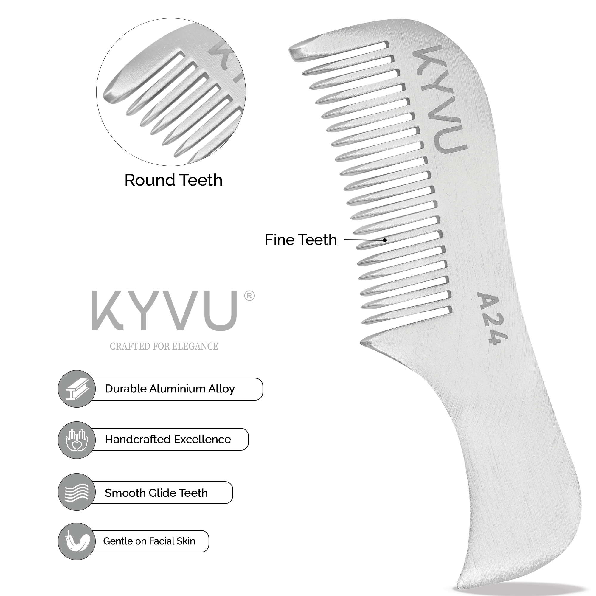 A24 aluminium beard comb showing closely-spaced fine teeth with hand-rounded tips