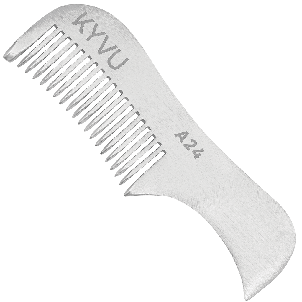 KYVU A24 handmade metal beard and moustache comb in anodized aluminium, fine-tooth, pocket size, for men