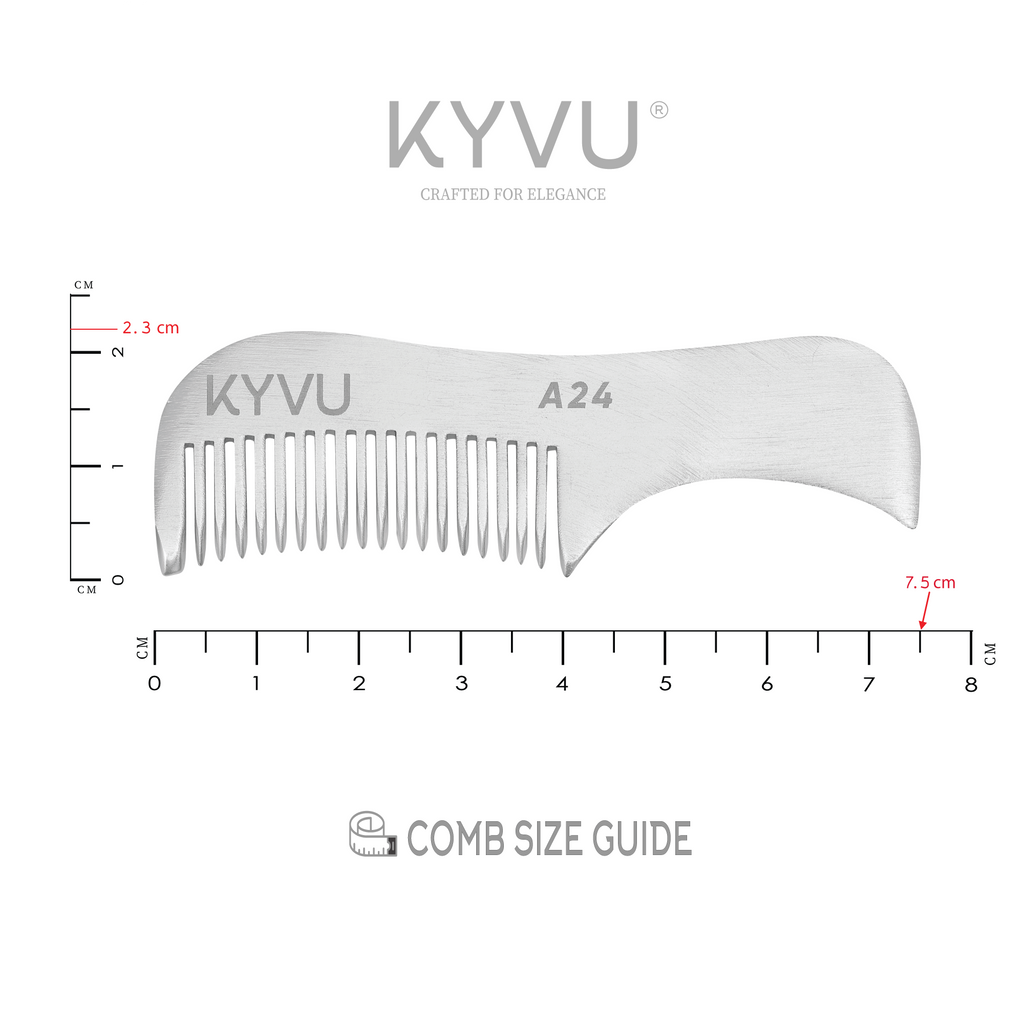 KYVU A24 metal beard and moustache comb specifications — 7.5 cm, 9 g, anti-static aluminium, fine teeth