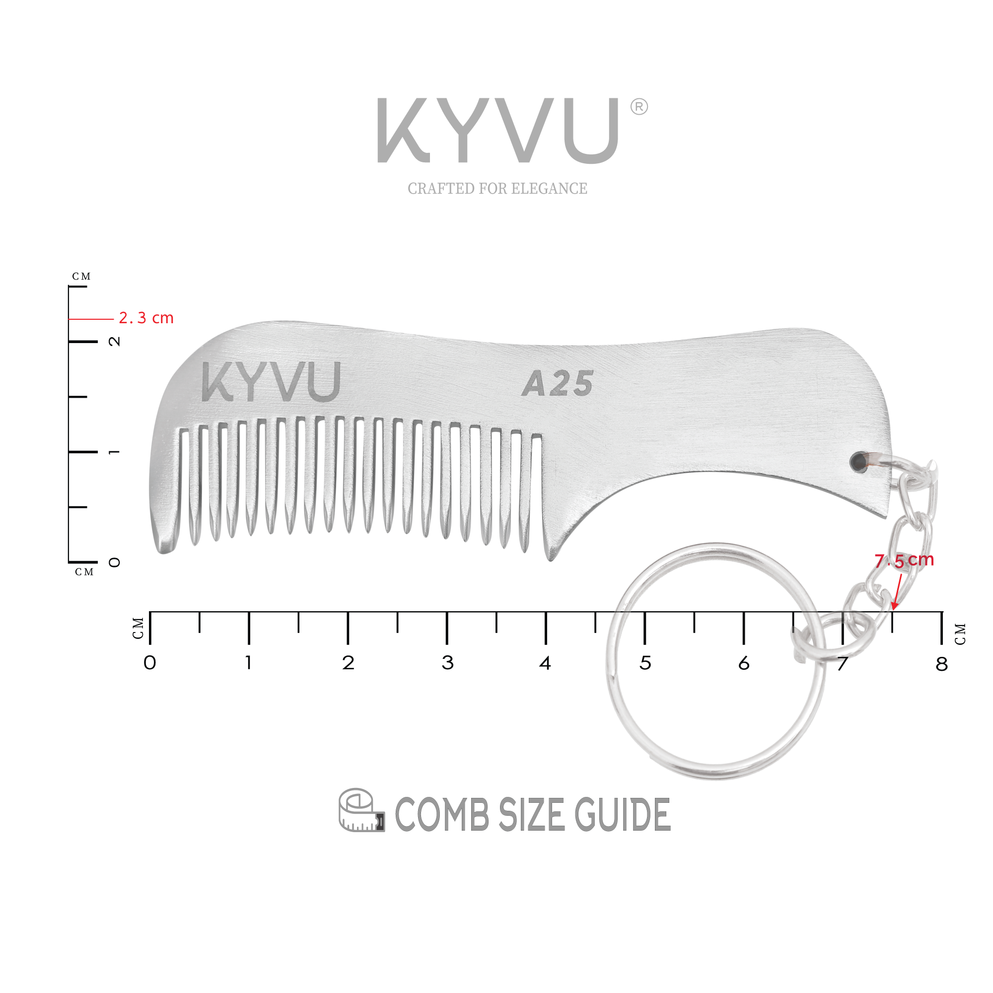 KYVU A25 metal beard comb with keyring specifications — 7.5 cm, 12 g, anti-static aluminium, fine teeth