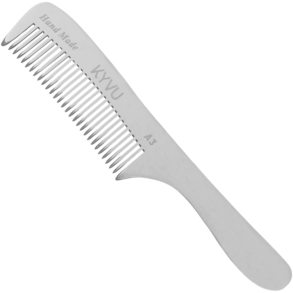 KYVU A3 handmade metal coarse-tooth comb with handle in anodized aluminium, for thick and curly hair
