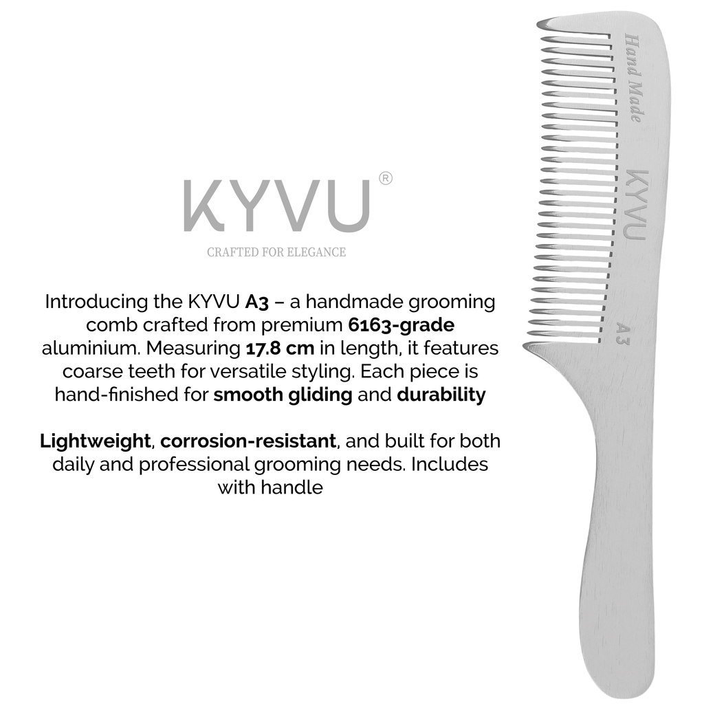 KYVU A3 metal coarse-tooth comb with handle specifications — 17.8 cm, 25 g, anti-static aluminium, coarse teeth