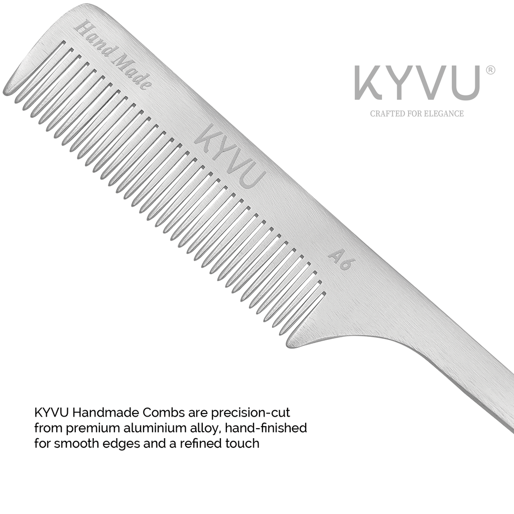 A6 anodized aluminium close-up showing brushed-silver finish and laser-engraved KYVU branding
