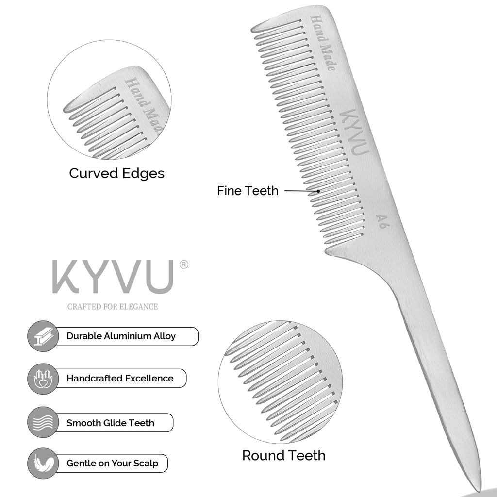 A6 aluminium comb showing closely-spaced fine teeth with hand-rounded tips