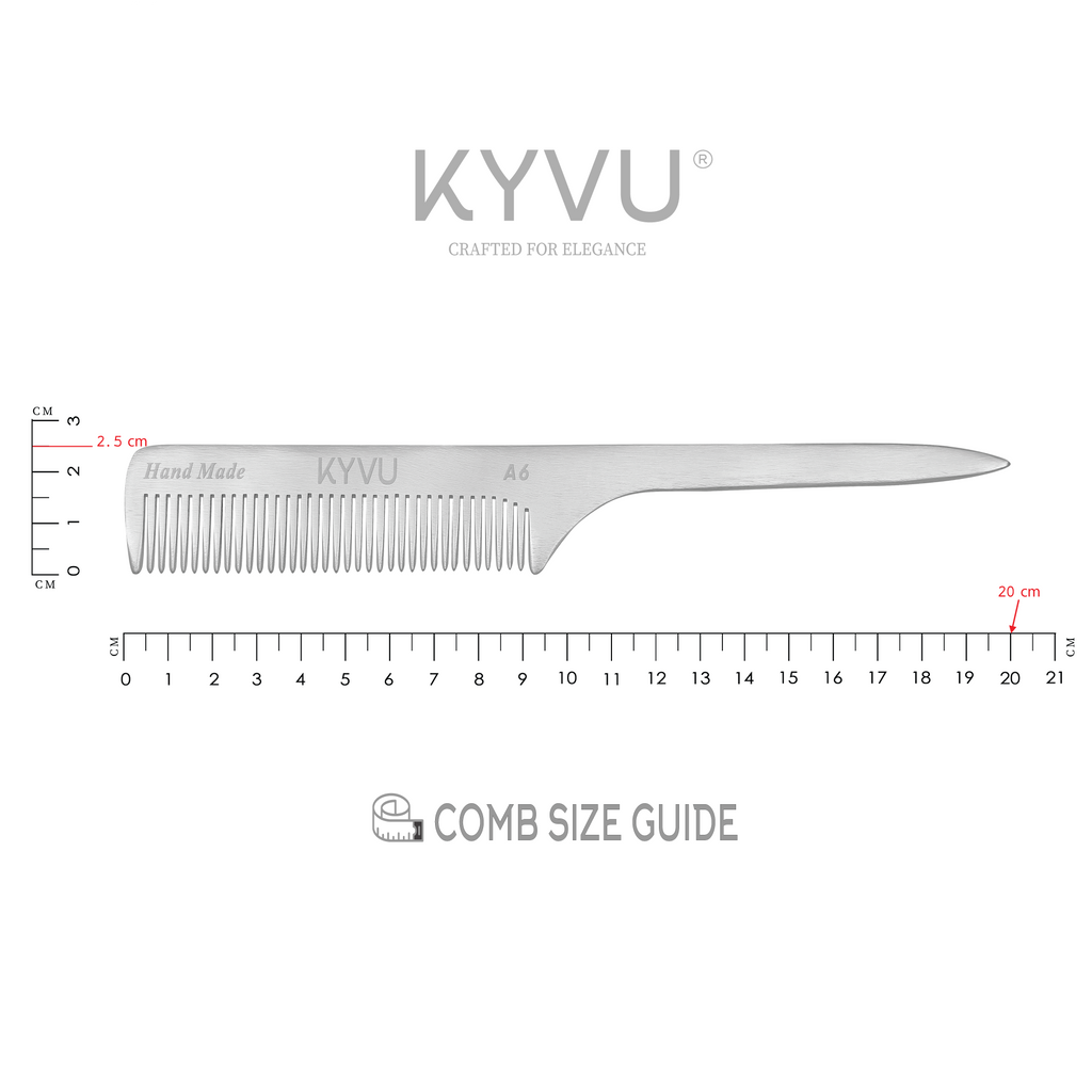 KYVU A6 metal rat-tail comb size guide — 20 cm length, 2.5 cm width, 0.3 cm thickness