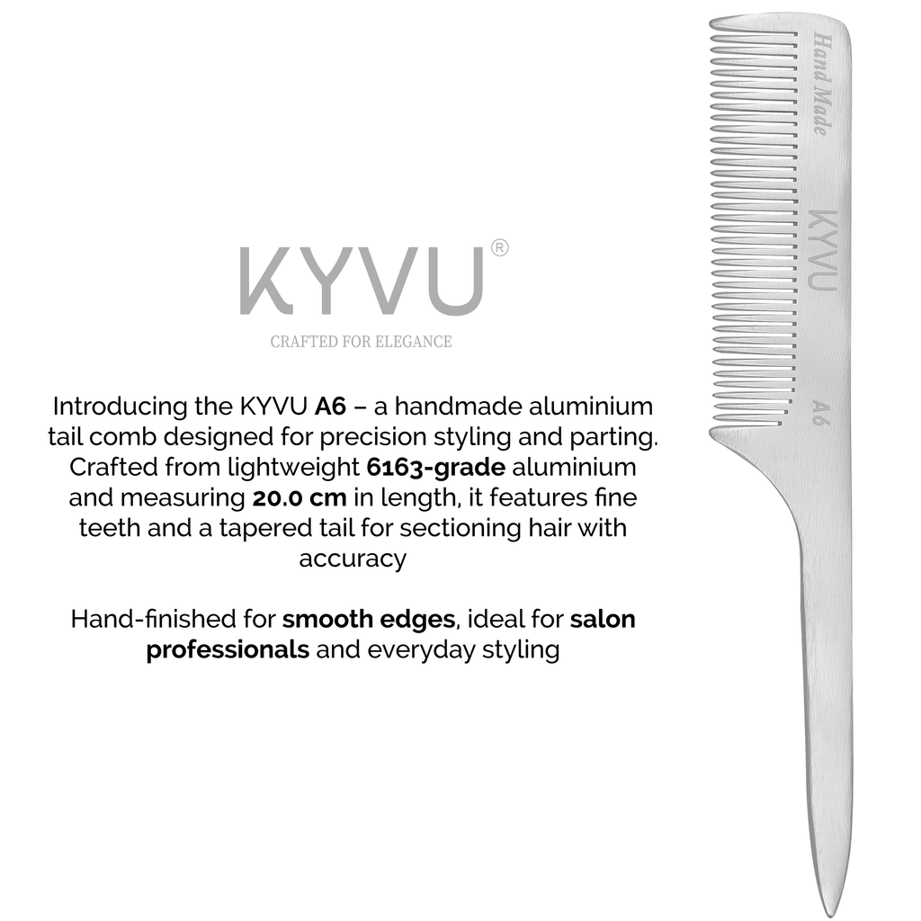 KYVU A6 metal rat-tail comb specifications — 20 cm, 20 g, anti-static aluminium, fine teeth, pointed tail