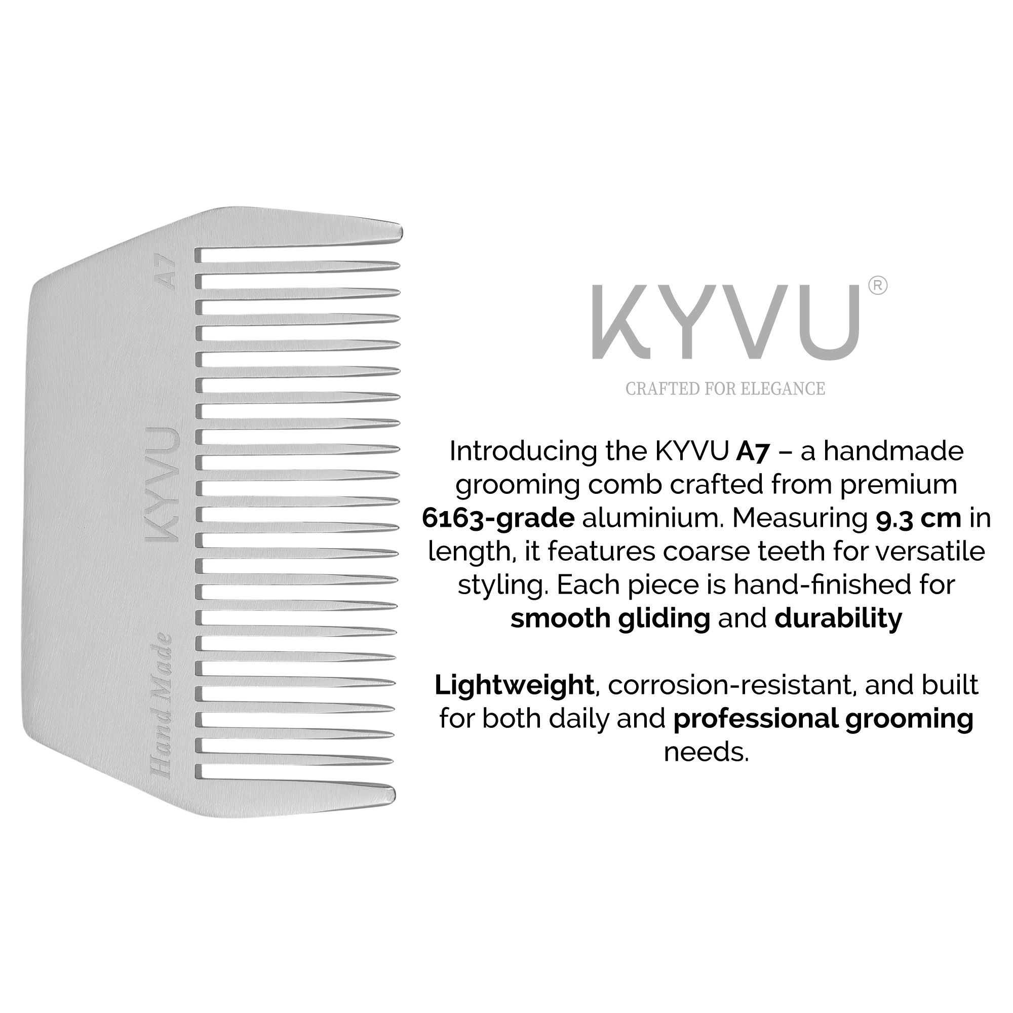 KYVU A7 metal afro comb specifications — 9.3 cm, 27 g, anti-static aluminium, wide-tooth
