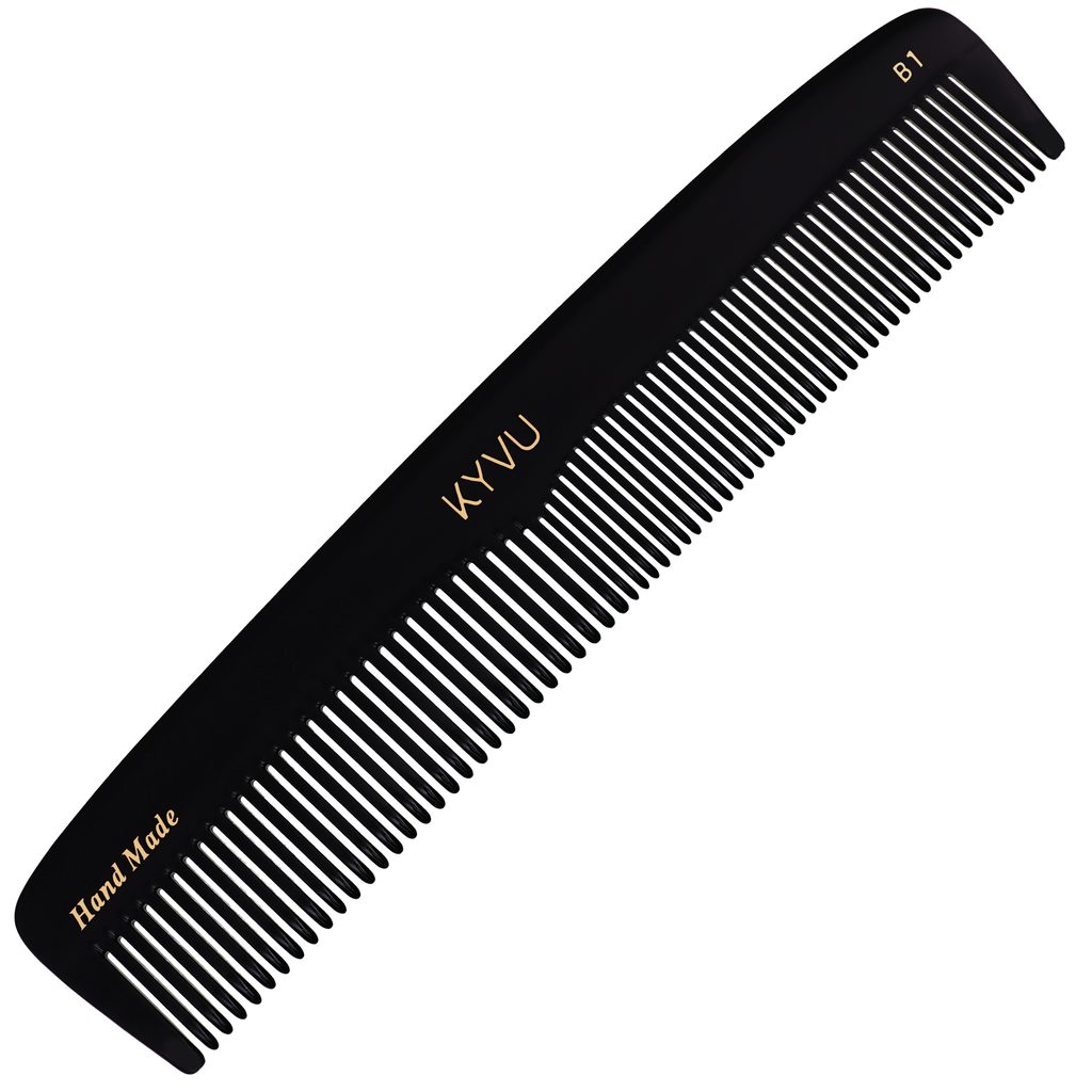  KYVU B1 handmade black dual-tooth comb in cellulose acetate, fine and coarse, for men and women