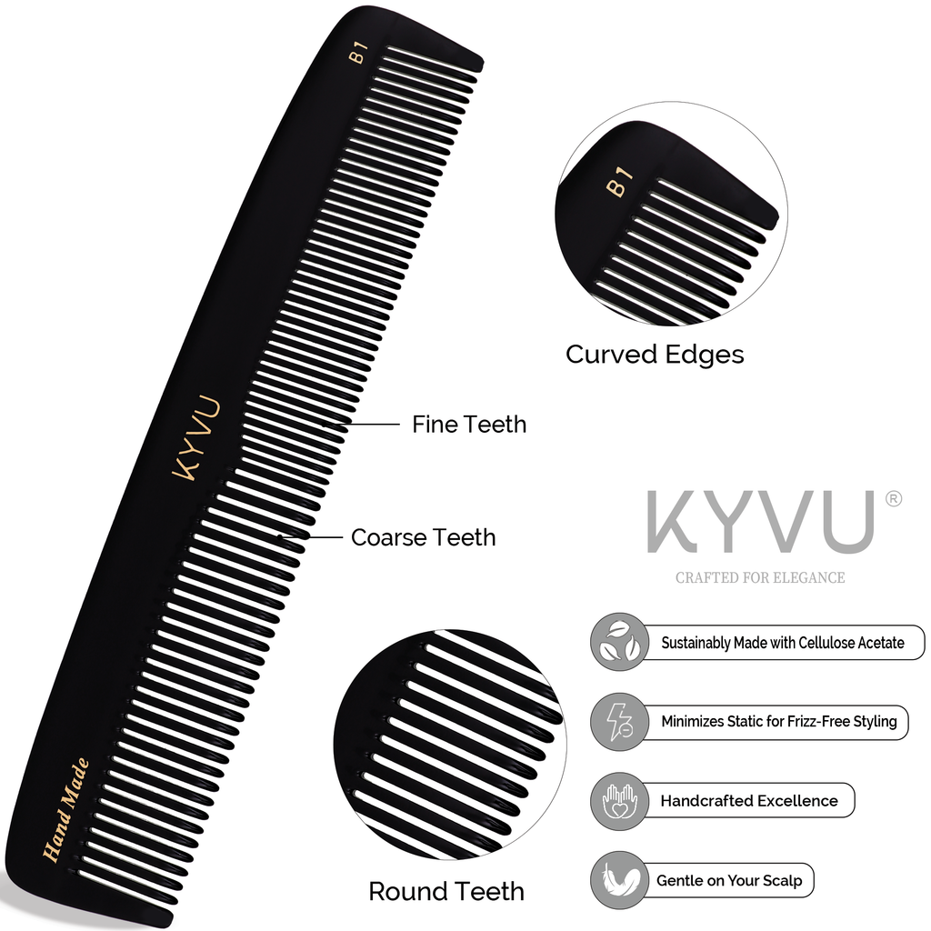 B1 black acetate comb showing fine teeth on one side and coarse teeth on the other, with rounded tips