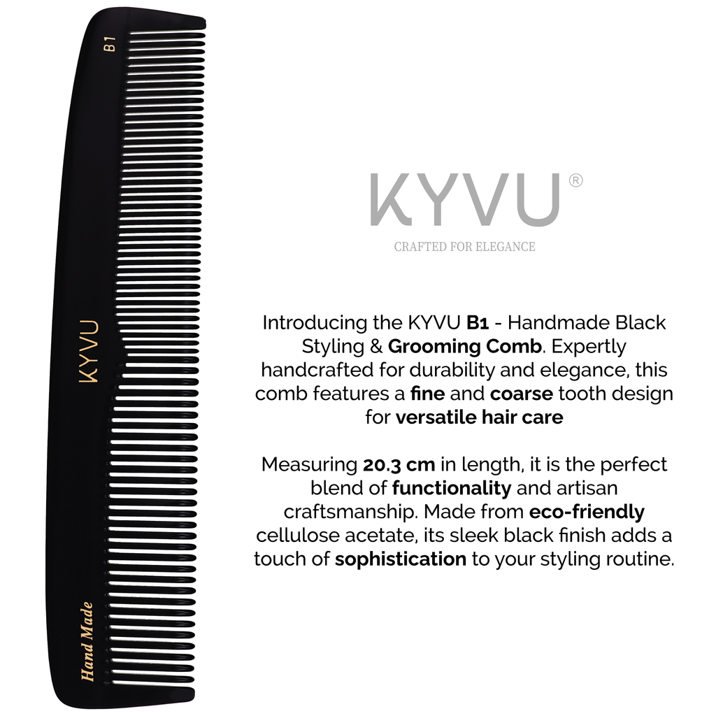 KYVU B1 dual-tooth comb size guide — 20.3 cm length, 4 cm width, 0.375 cm thickness