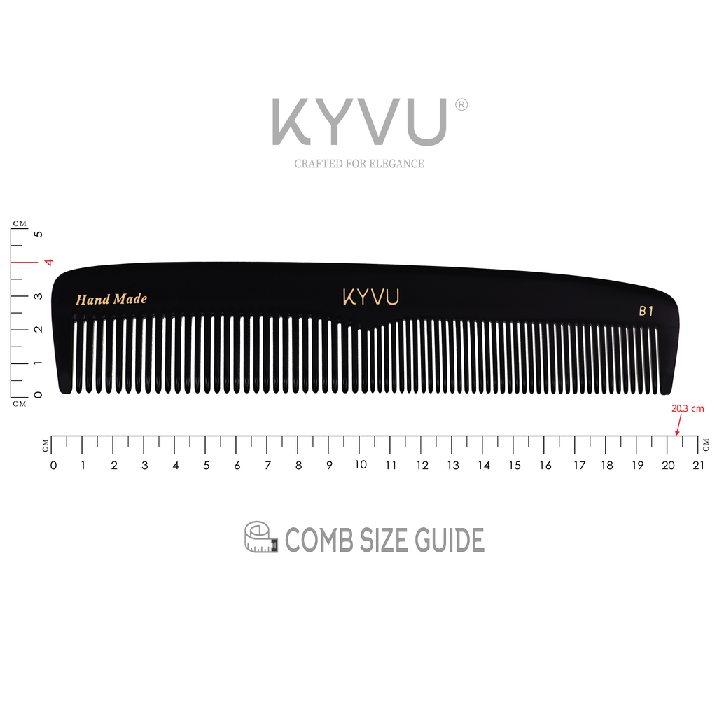 KYVU B1 black dual-tooth comb specifications — 20.3 cm, 26 g, cellulose acetate, fine and coarse teeth