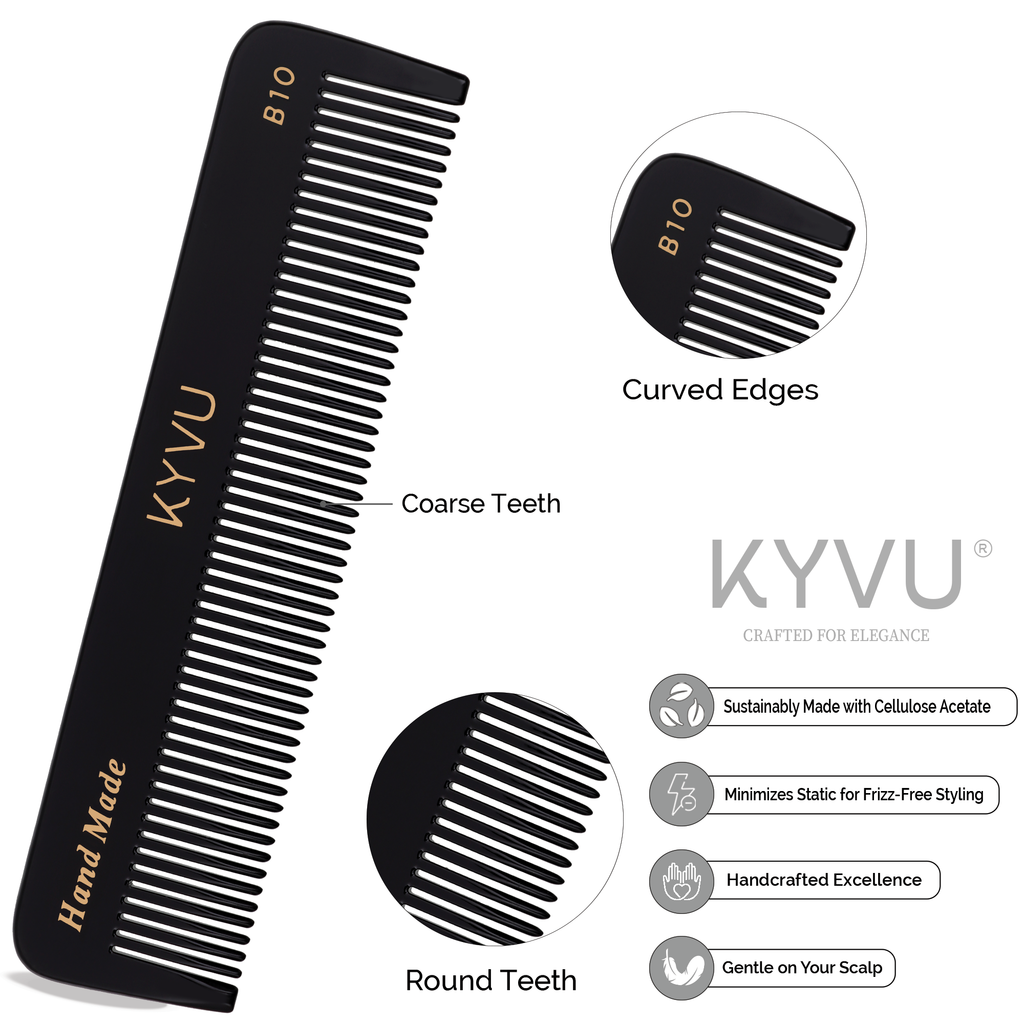 B10 black acetate comb showing coarse wide-spaced teeth with hand-rounded tips