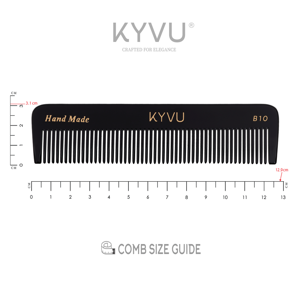 KYVU B10 black pocket comb size guide — 12.9 cm length, 3.1 cm width, 0.325 cm thickness