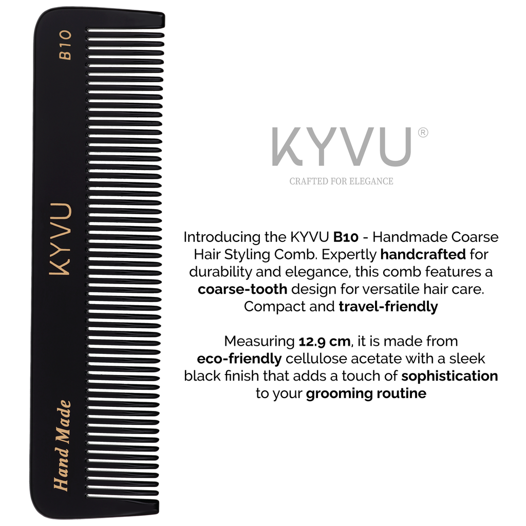 KYVU B10 black pocket comb specifications — 12.9 cm, 13 g, cellulose acetate, coarse teeth