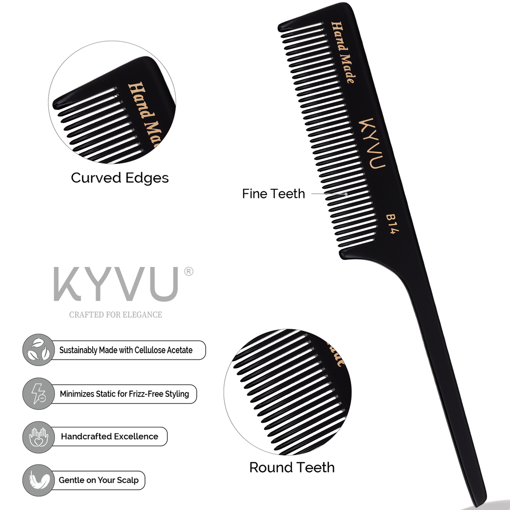 B14 black acetate comb showing closely-spaced fine teeth and tapered pintail with rounded tips