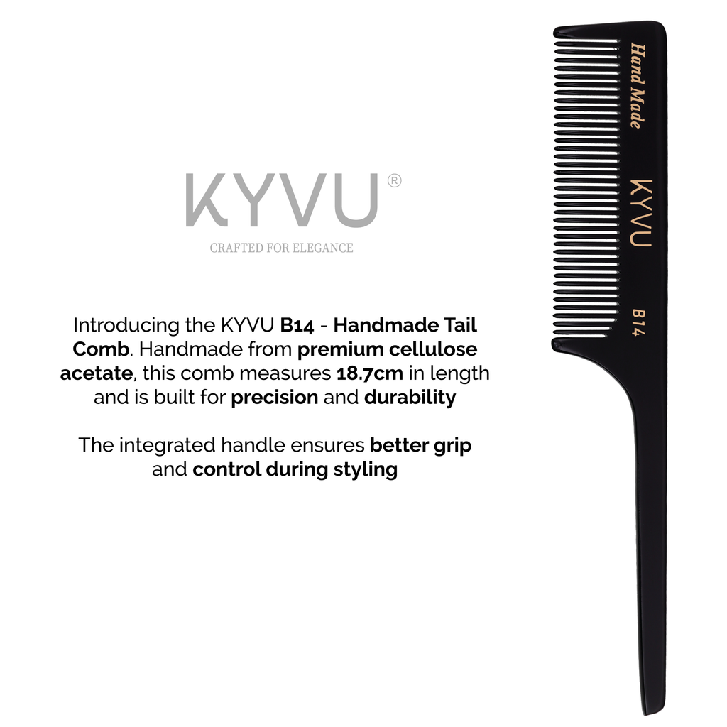 KYVU B14 rat-tail comb size guide — 18.7 cm length, 2.5 cm width, 0.375 cm thickness