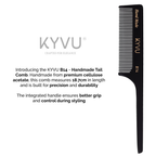 KYVU B14 rat-tail comb size guide — 18.7 cm length, 2.5 cm width, 0.375 cm thickness