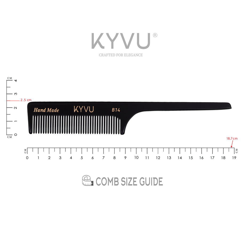  KYVU B14 black rat-tail comb specifications — 18.7 cm, 11 g, cellulose acetate, fine teeth